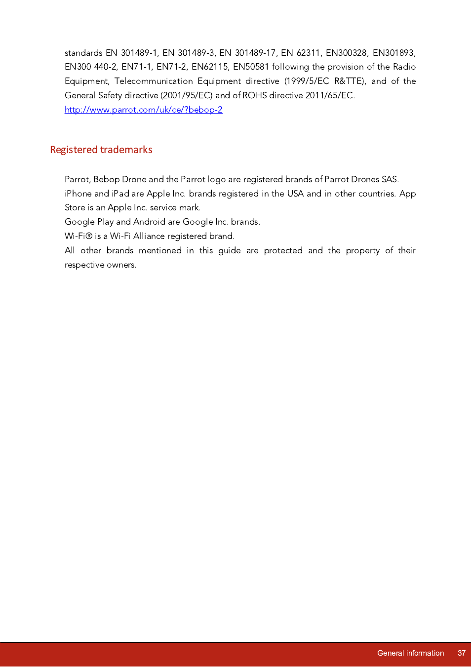 Registered trademarks | Parrot Bebop 2 User Manual | Page 37 / 37