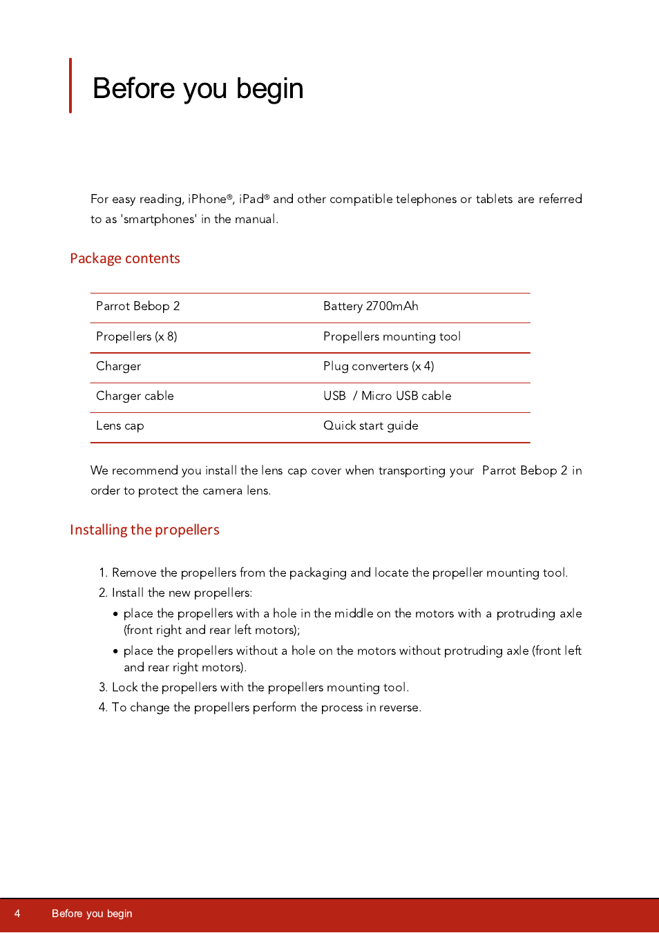 English, Before you begin, Package contents | Installing the propellers | Parrot Bebop 2 User Manual | Page 4 / 37