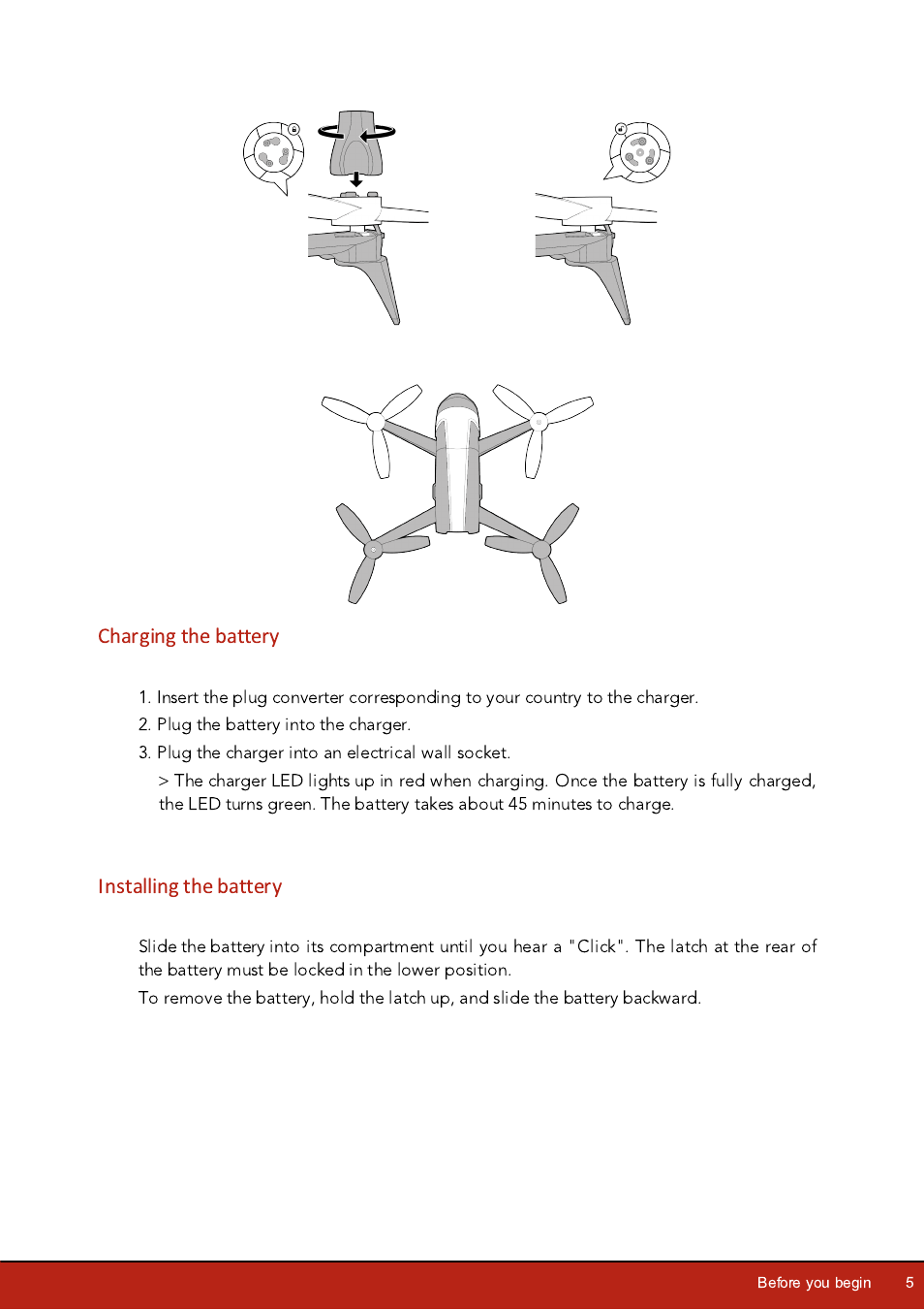 Charging the battery, Installing the battery | Parrot Bebop 2 User Manual | Page 5 / 37