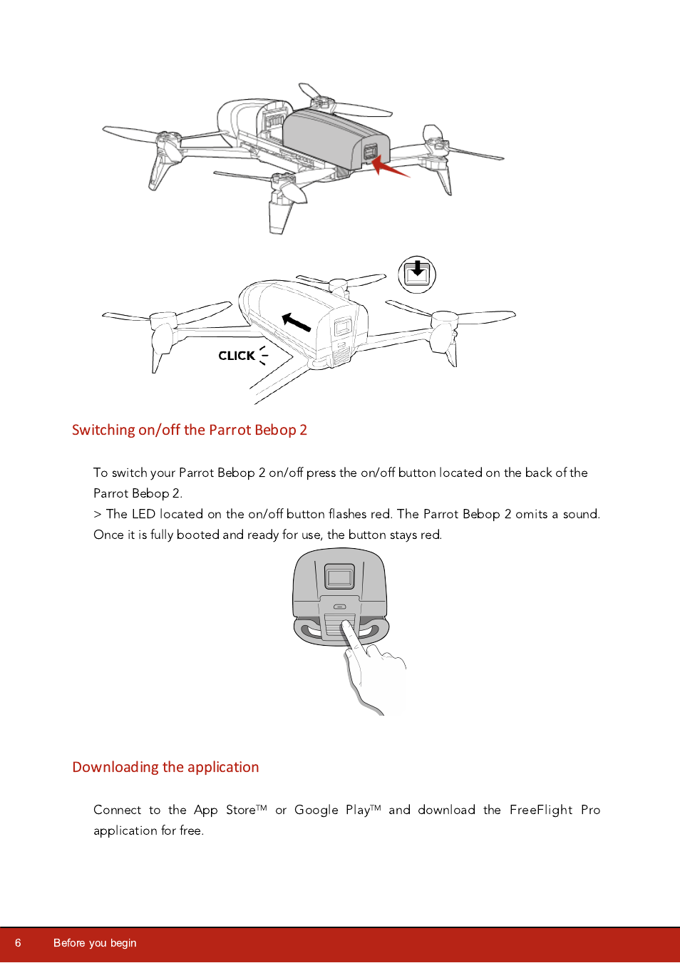 Switching on/off the parrot bebop 2, Downloading the application | Parrot Bebop 2 User Manual | Page 6 / 37