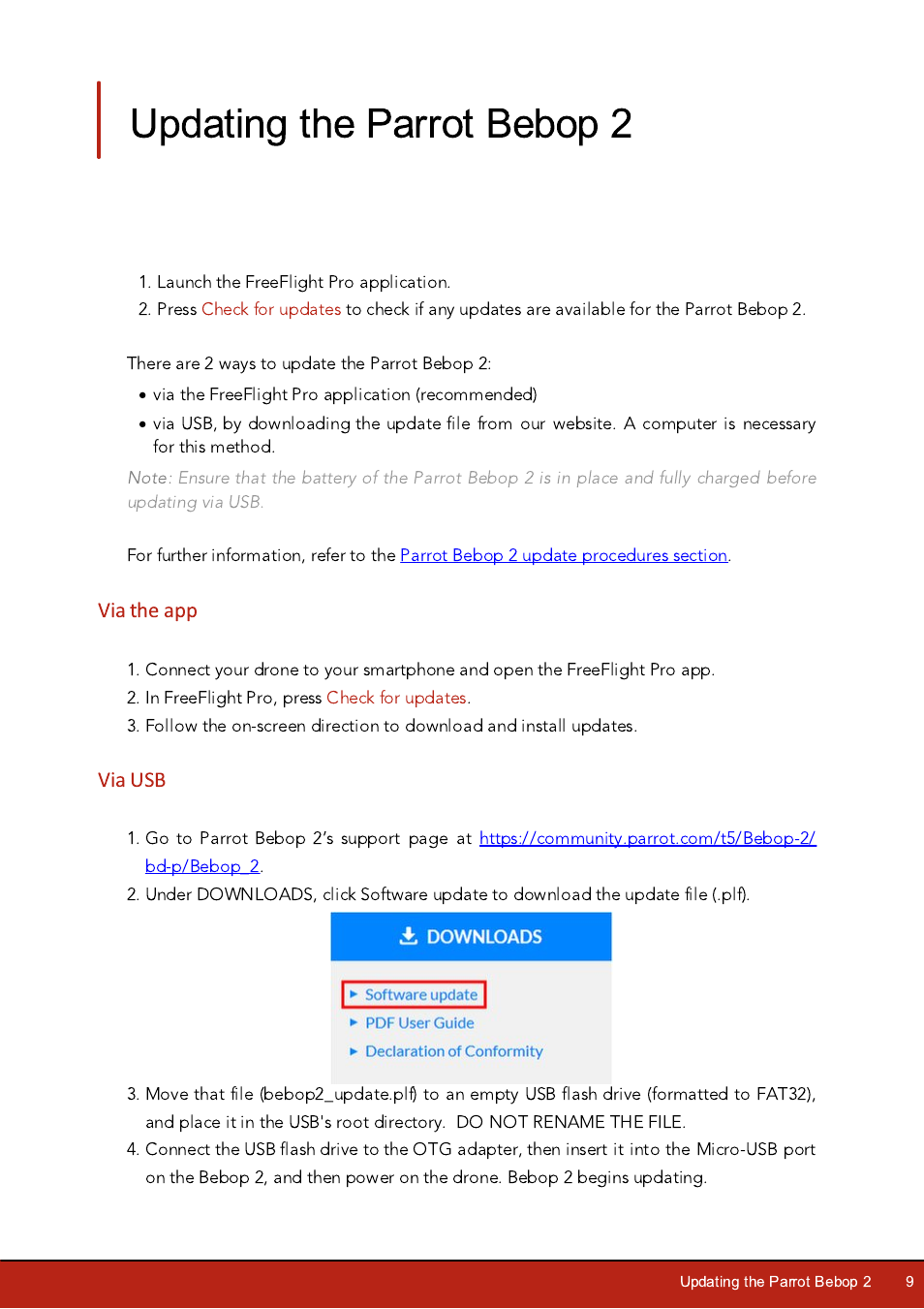 Updating the parrot bebop 2, Via the app, Via usb | Parrot Bebop 2 User Manual | Page 9 / 37