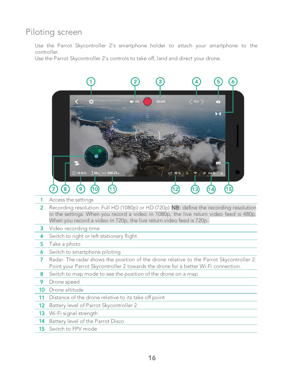 Piloting screen | Parrot Bebop 2 User Manual | Page 20 / 86