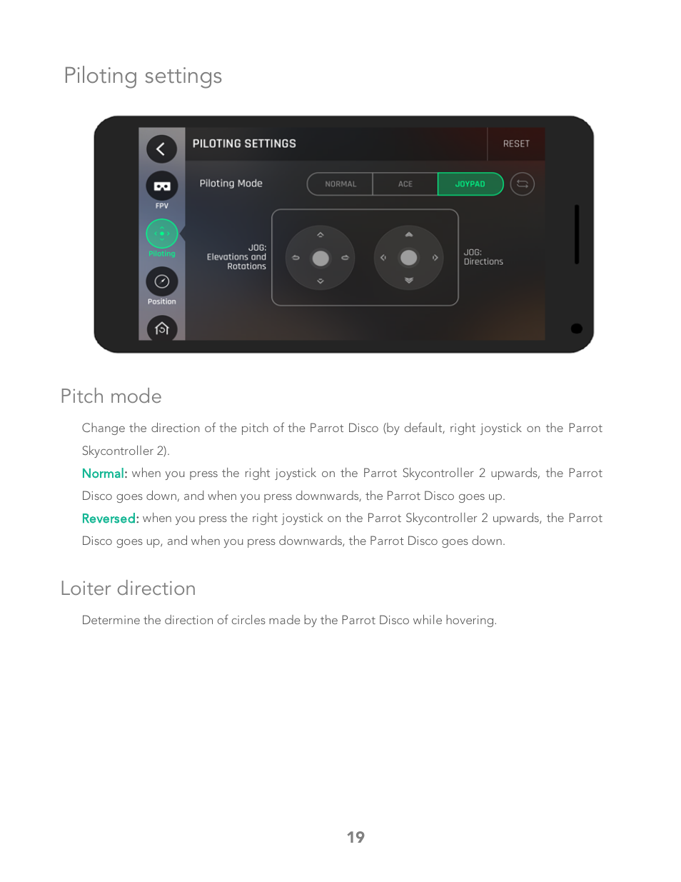 Piloting settings, Pitch mode, Loiter direction | Parrot Bebop 2 User Manual | Page 23 / 86