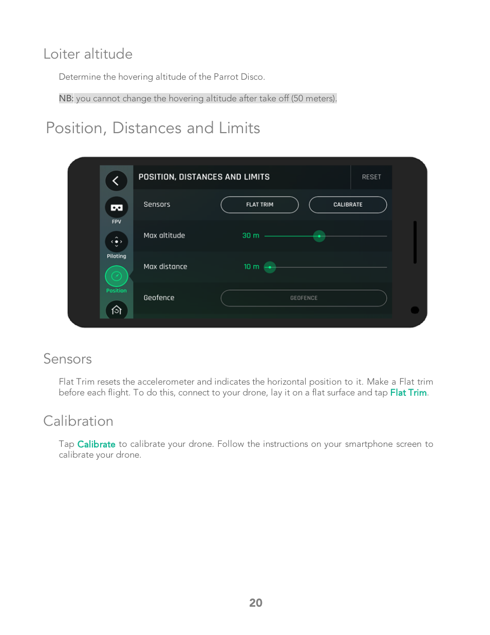 Loiter altitude, Position, distances and limits, Sensors | Calibration | Parrot Bebop 2 User Manual | Page 24 / 86