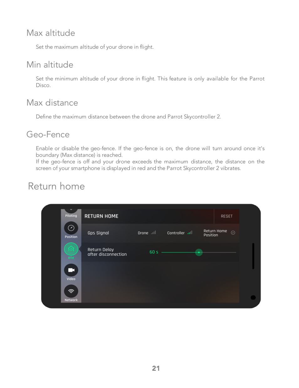 Max altitude, Min altitude, Max distance | Geo-fence, Return home | Parrot Bebop 2 User Manual | Page 25 / 86