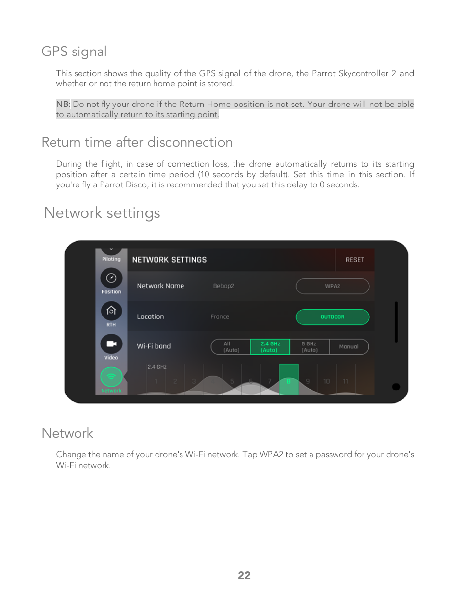 Gps signal, Return time after disconnection, Network settings | Network | Parrot Bebop 2 User Manual | Page 26 / 86