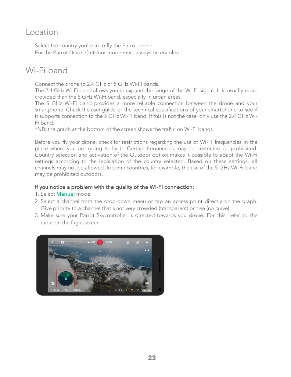 Location, Wi-fi band | Parrot Bebop 2 User Manual | Page 27 / 86