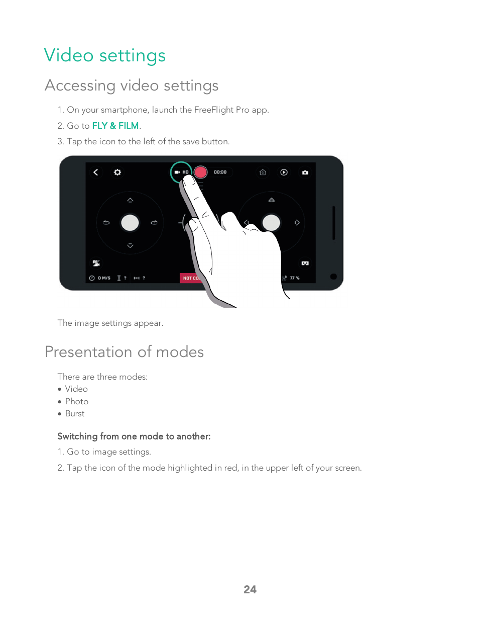 Video settings, Accessing video settings, Presentation of modes | Adjust the image settings | Parrot Bebop 2 User Manual | Page 28 / 86