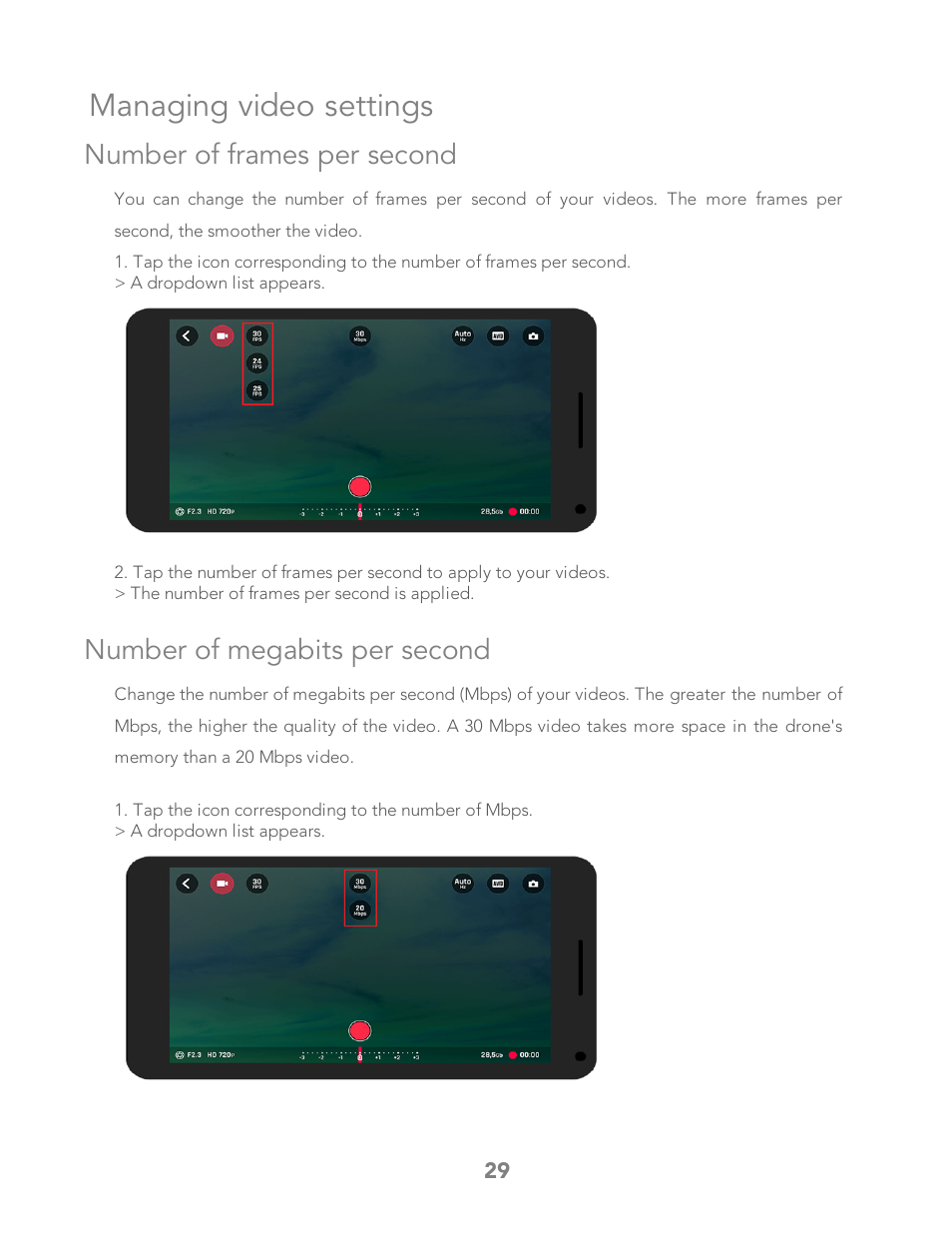 Managing video settings, Number of frames per second, Number of megabits per second | Parrot Bebop 2 User Manual | Page 33 / 86