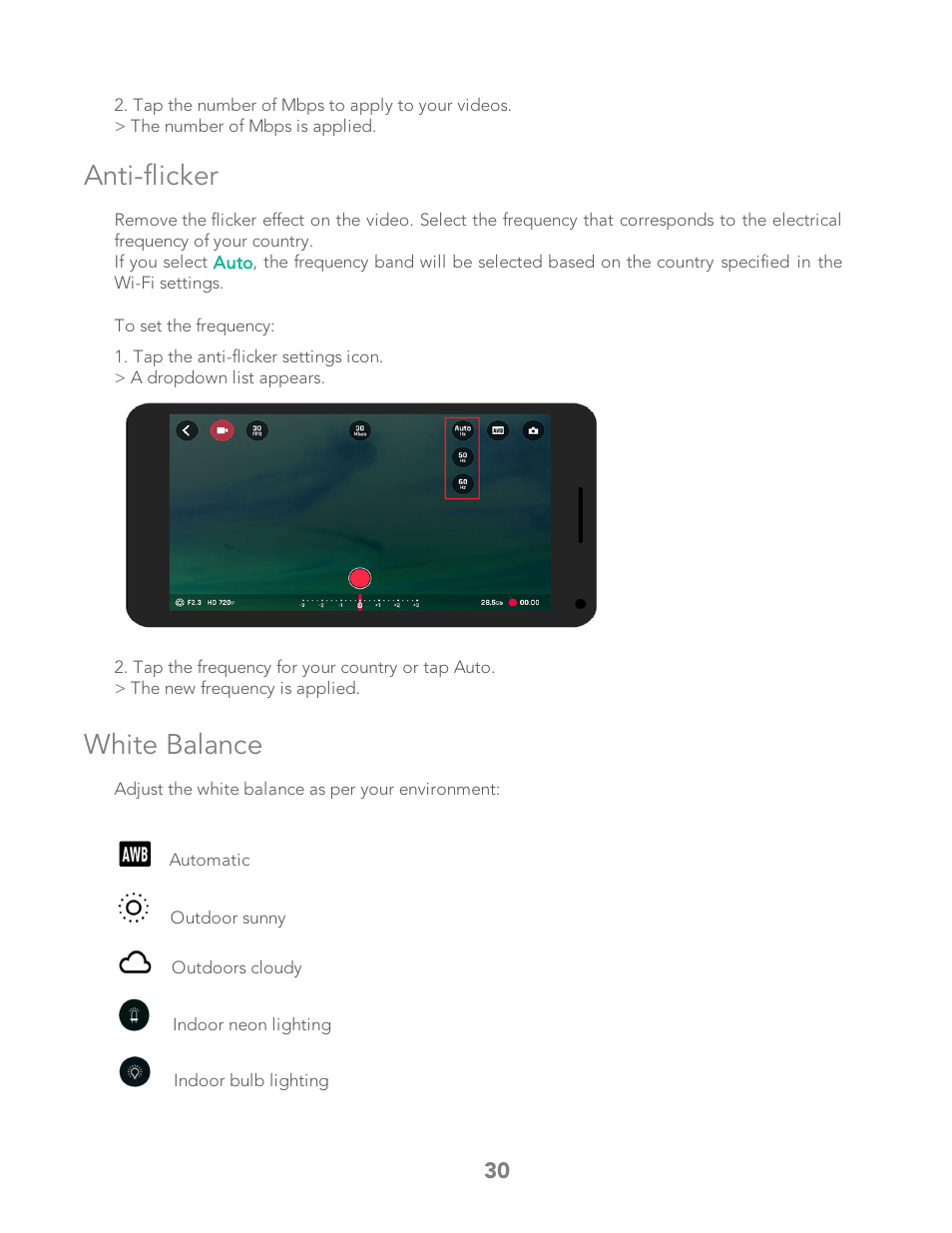 Anti-flicker, White balance | Parrot Bebop 2 User Manual | Page 34 / 86