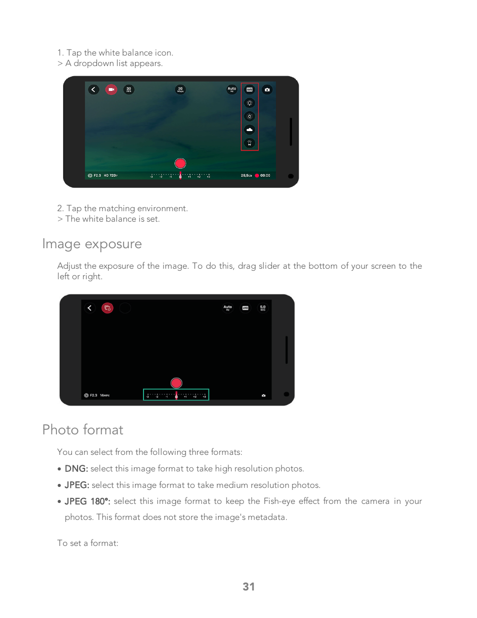 Image exposure, Photo format | Parrot Bebop 2 User Manual | Page 35 / 86