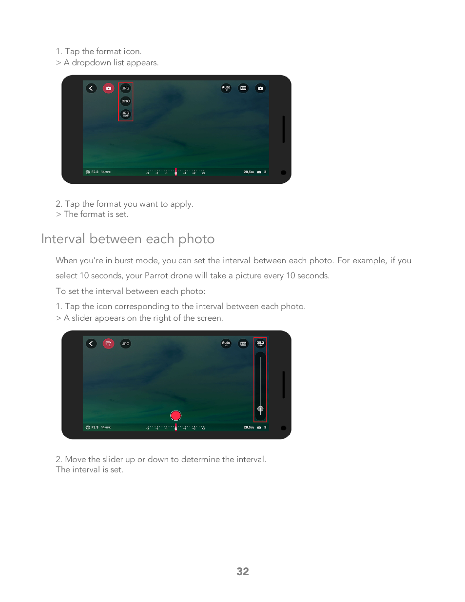 Interval between each photo | Parrot Bebop 2 User Manual | Page 36 / 86