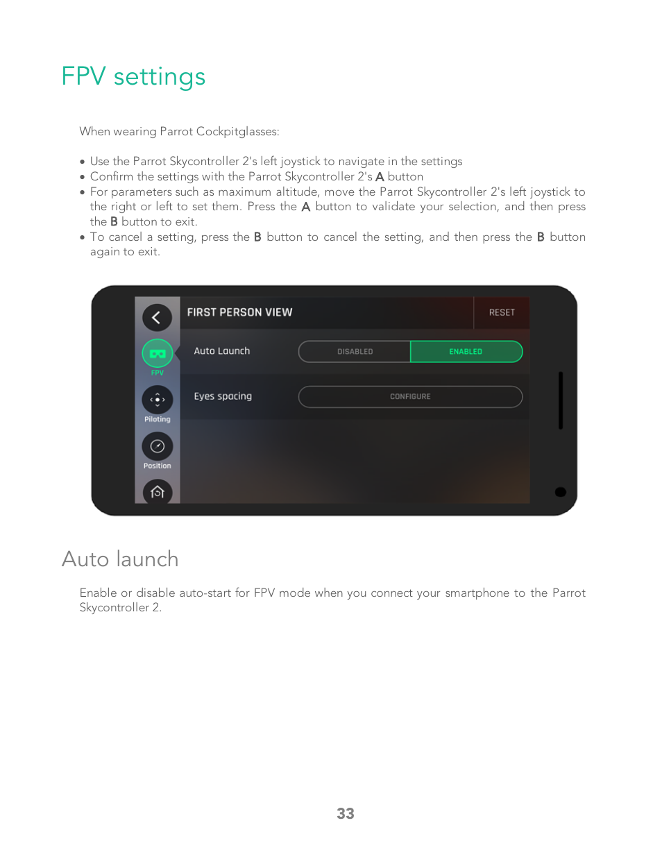 Fpv settings, Auto launch | Parrot Bebop 2 User Manual | Page 37 / 86