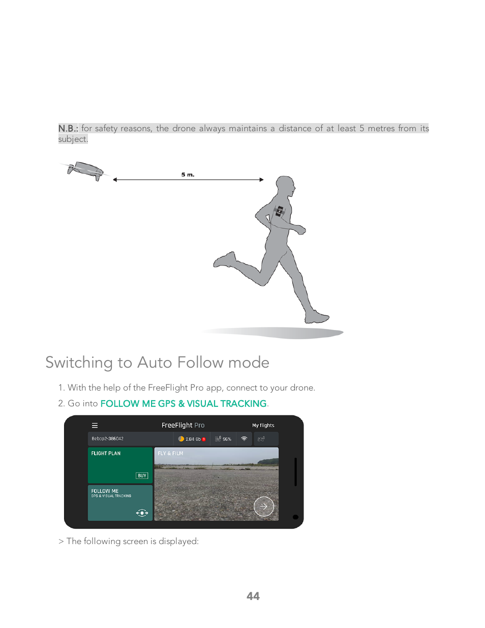 Switching to auto follow mode | Parrot Bebop 2 User Manual | Page 48 / 86