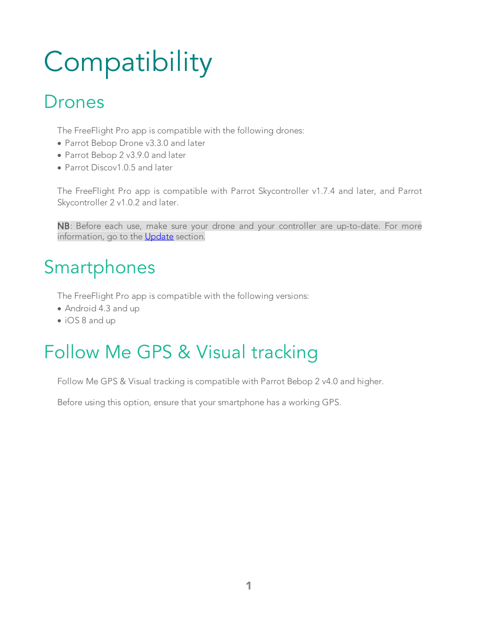 Compatibility, Drones, Smartphones | Follow me gps & visual tracking | Parrot Bebop 2 User Manual | Page 5 / 86