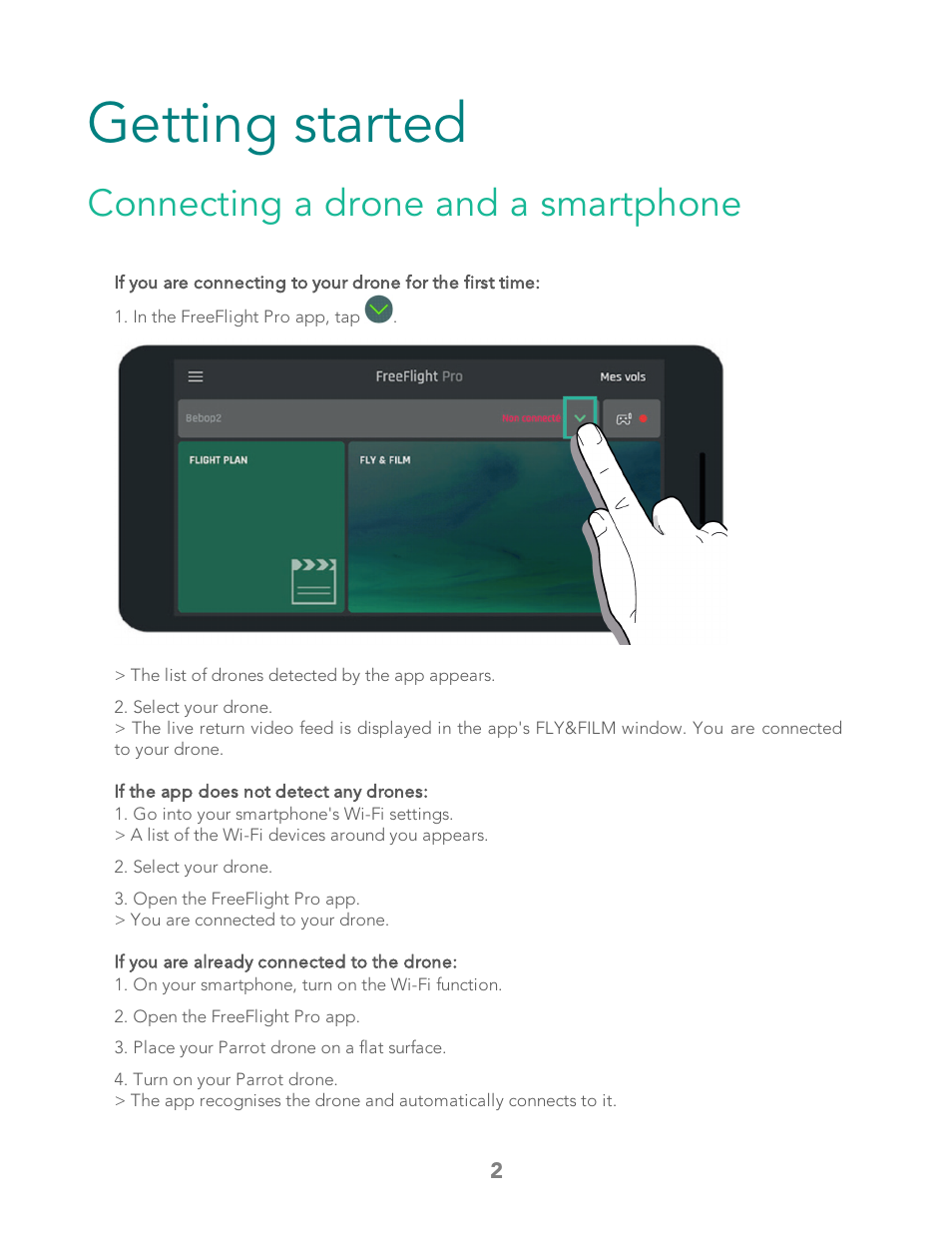 Getting started, Connecting a drone and a smartphone | Parrot Bebop 2 User Manual | Page 6 / 86