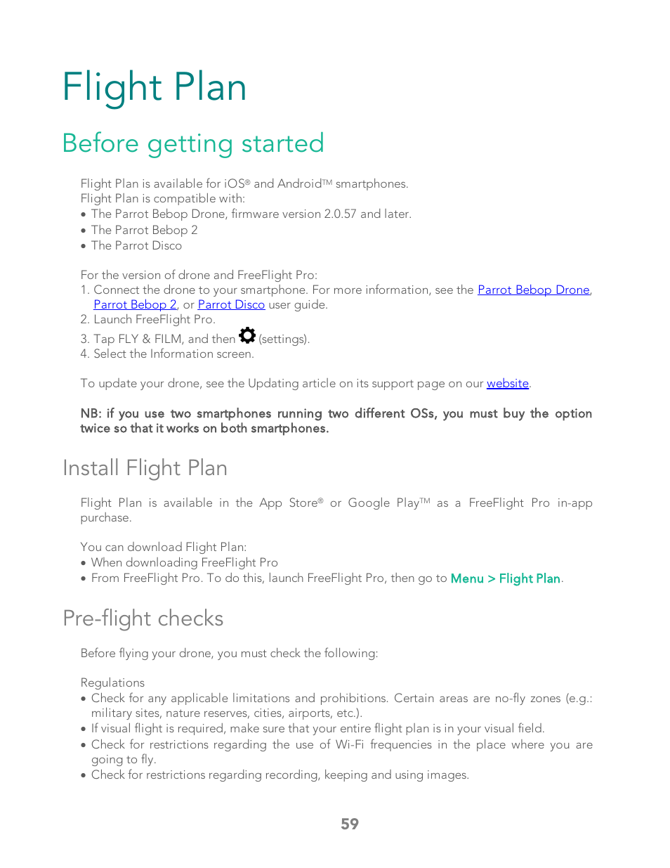 Flight plan, Before getting started, Install flight plan | Pre-flight checks, Launch a flight plan | Parrot Bebop 2 User Manual | Page 63 / 86