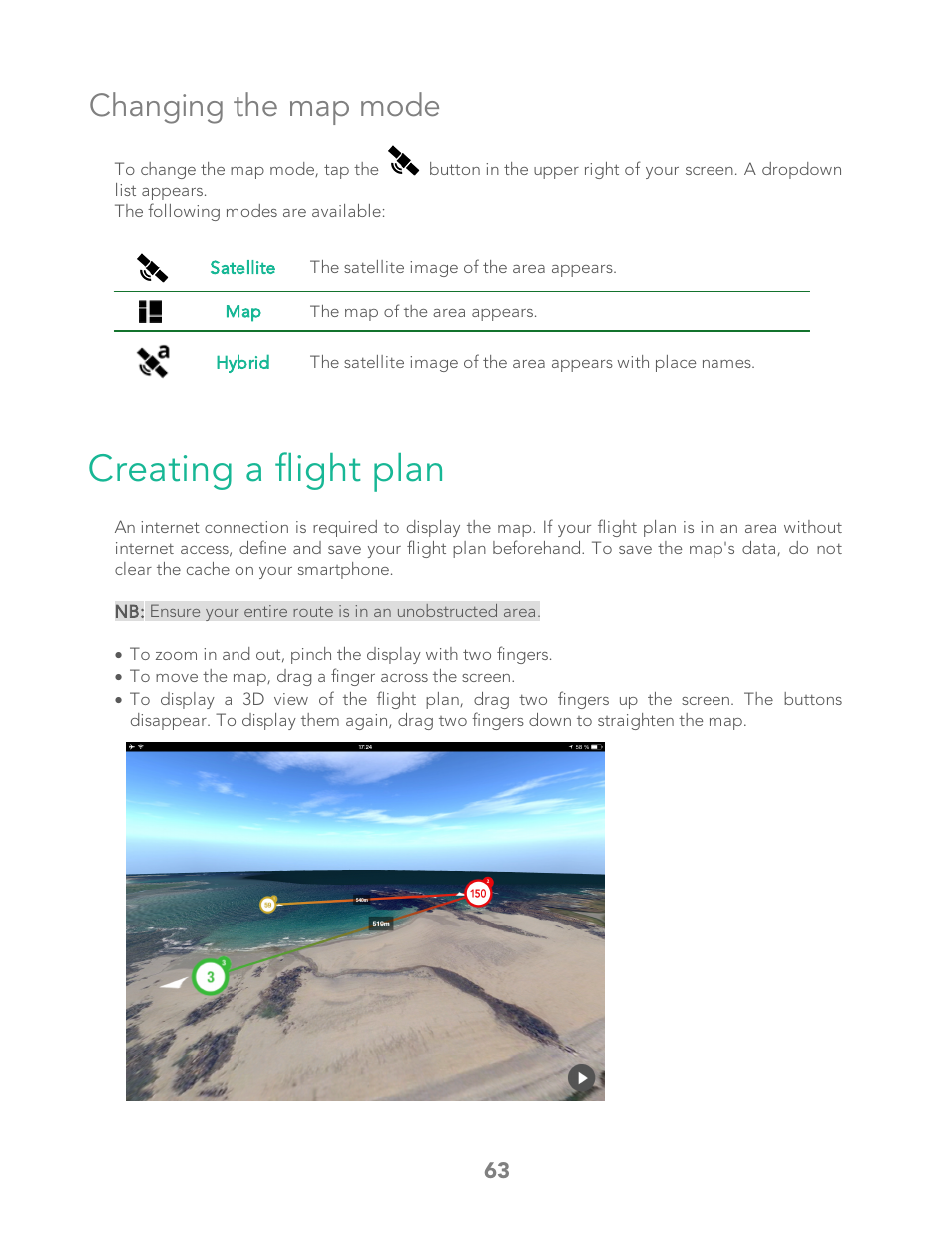 Changing the map mode, Creating a flight plan, Change the map mode | Parrot Bebop 2 User Manual | Page 67 / 86