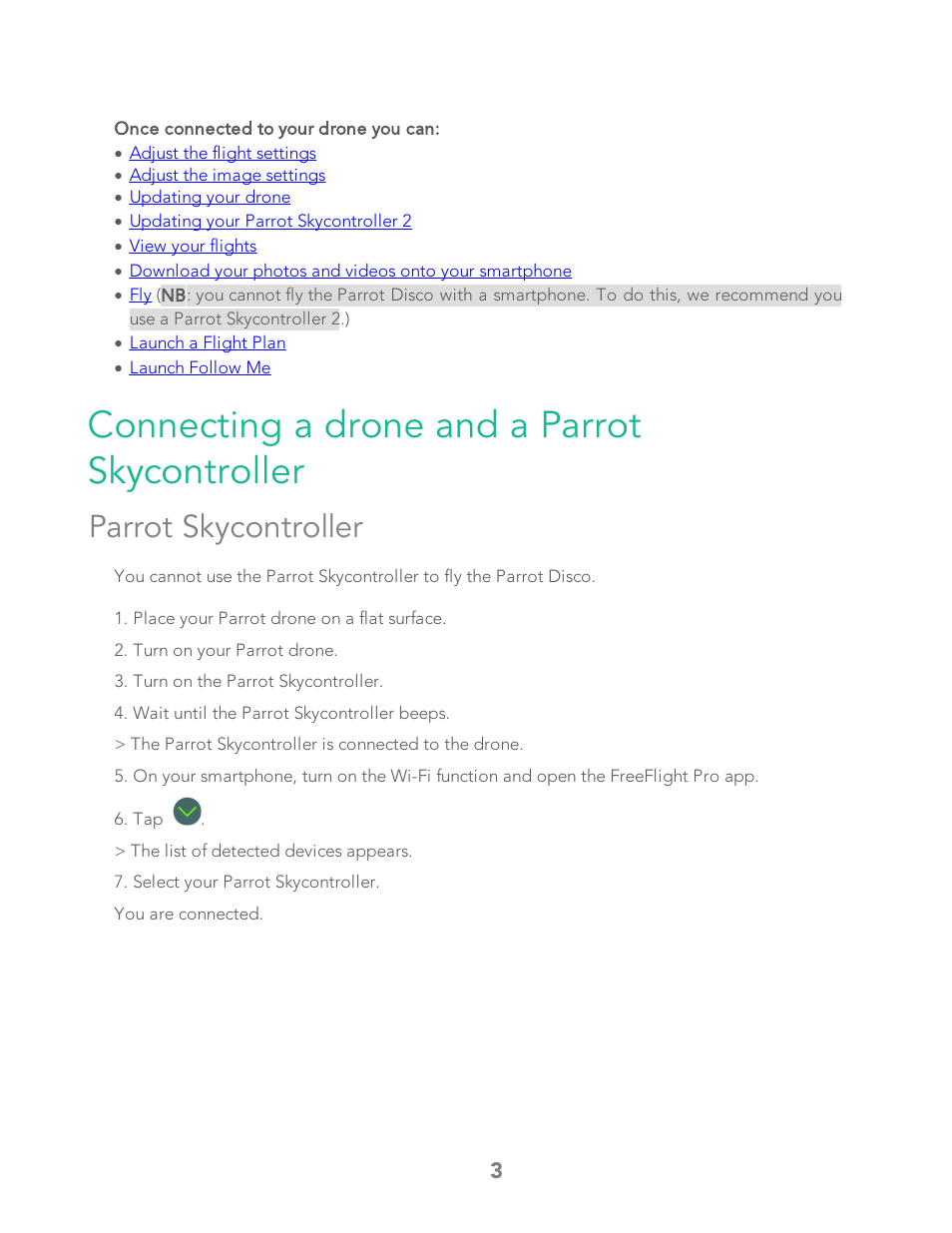 Connecting a drone and a parrot skycontroller, Parrot skycontroller | Parrot Bebop 2 User Manual | Page 7 / 86