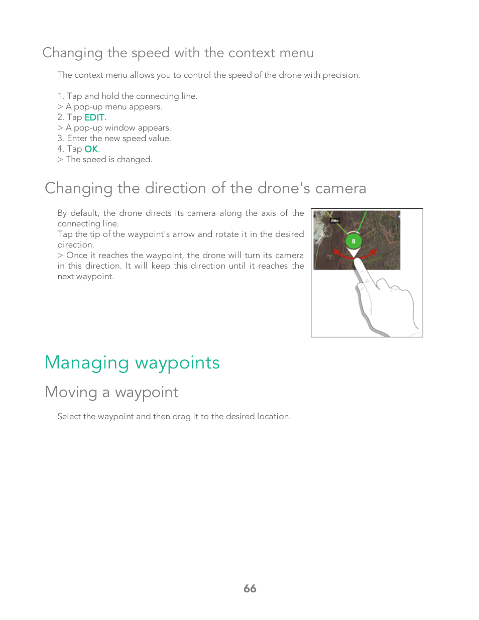 Changing the speed with the context menu, Changing the direction of the drone's camera, Managing waypoints | Moving a waypoint, Edit the altitude of a waypoint | Parrot Bebop 2 User Manual | Page 70 / 86