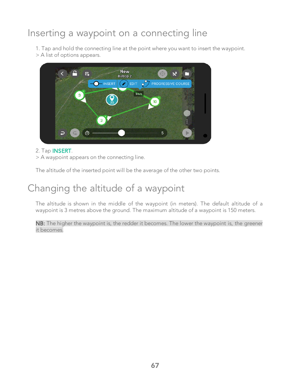 Inserting a waypoint on a connecting line, Changing the altitude of a waypoint | Parrot Bebop 2 User Manual | Page 71 / 86