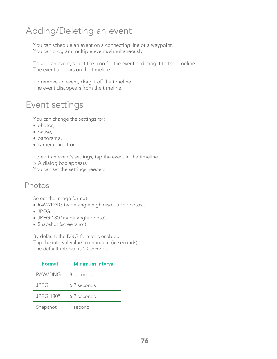 Adding/deleting an event, Event settings, Photos | Parrot Bebop 2 User Manual | Page 80 / 86