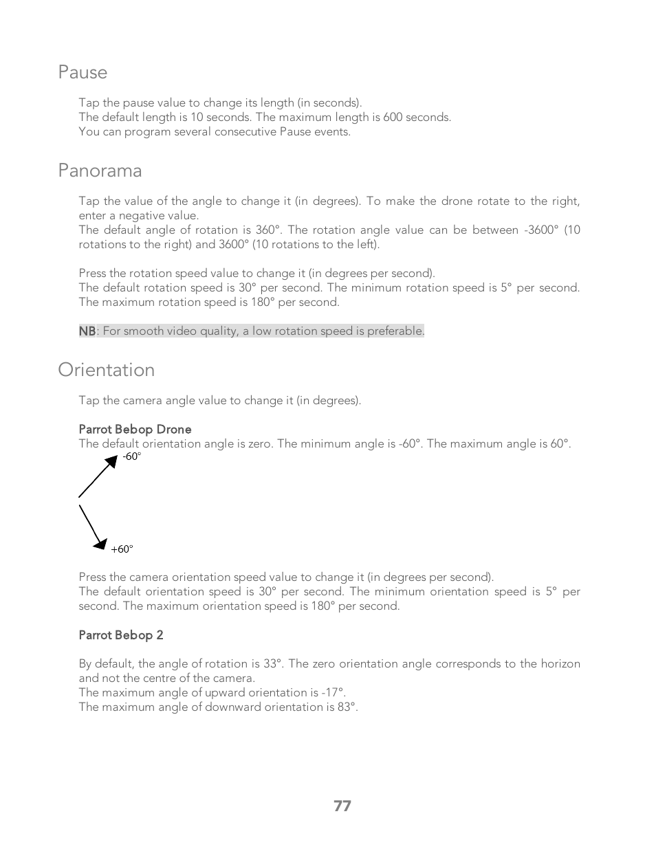 Pause, Panorama, Orientation | Parrot Bebop 2 User Manual | Page 81 / 86