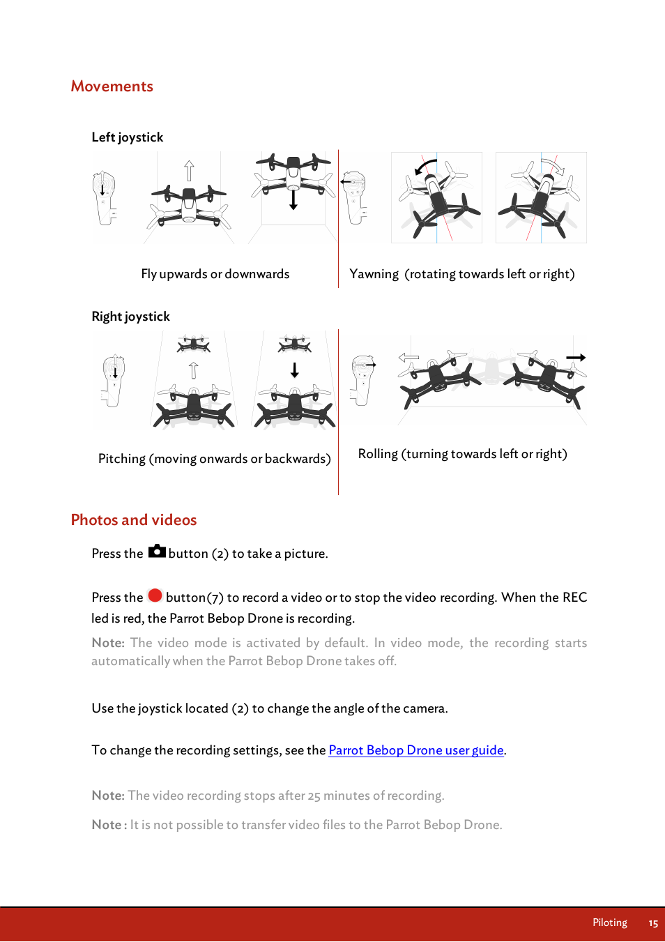 Movements, Photos and videos, Left joystick | Right joystick, Video record | Parrot Skycontroller User Manual | Page 15 / 23