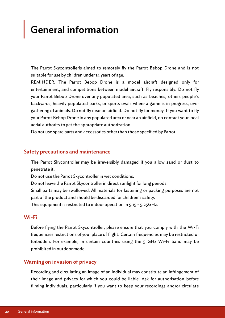 General information, Safety precautions and maintenance, Wi-fi | Warning on invasion of privacy | Parrot Skycontroller User Manual | Page 20 / 23