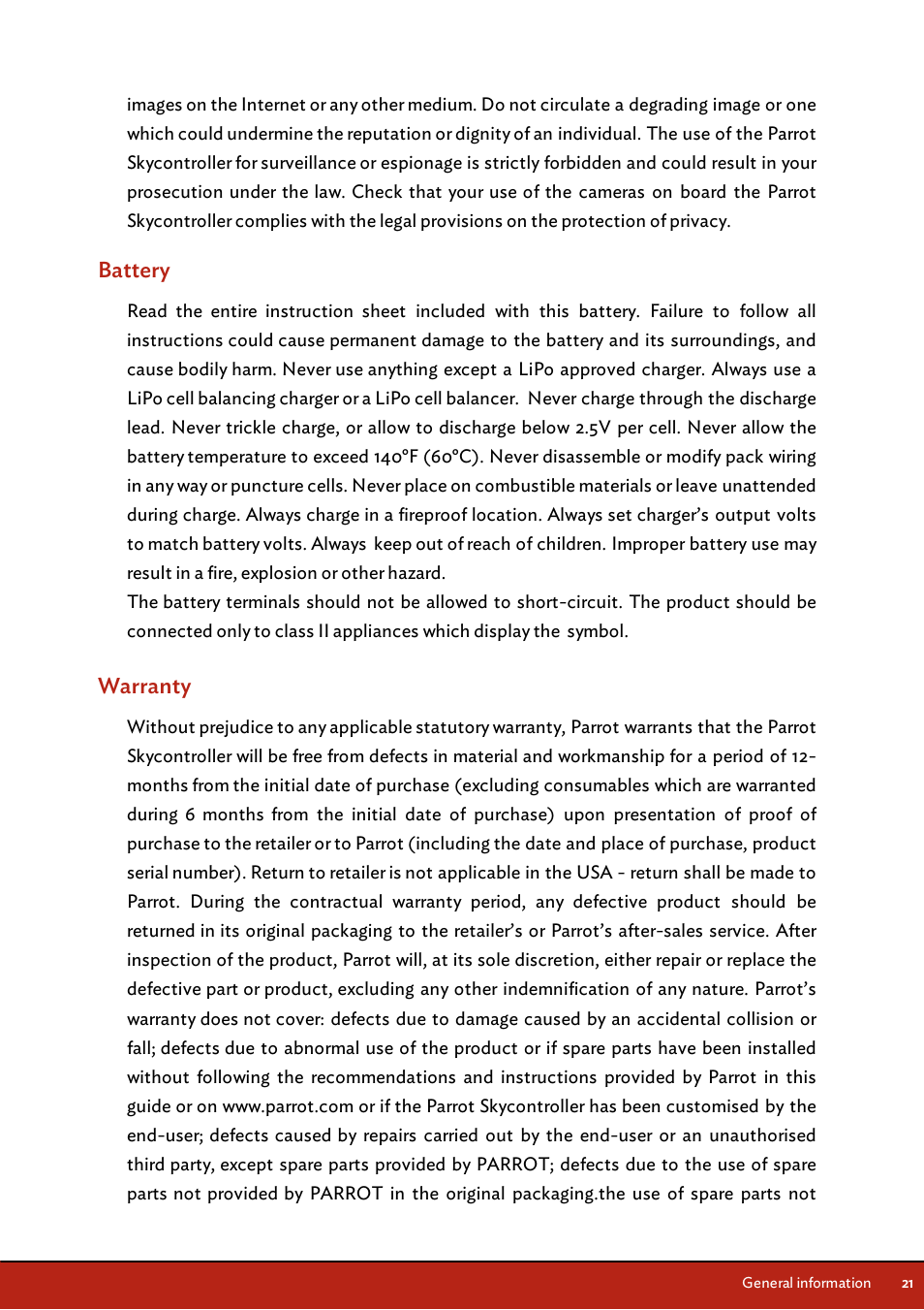 Battery, Warranty | Parrot Skycontroller User Manual | Page 21 / 23