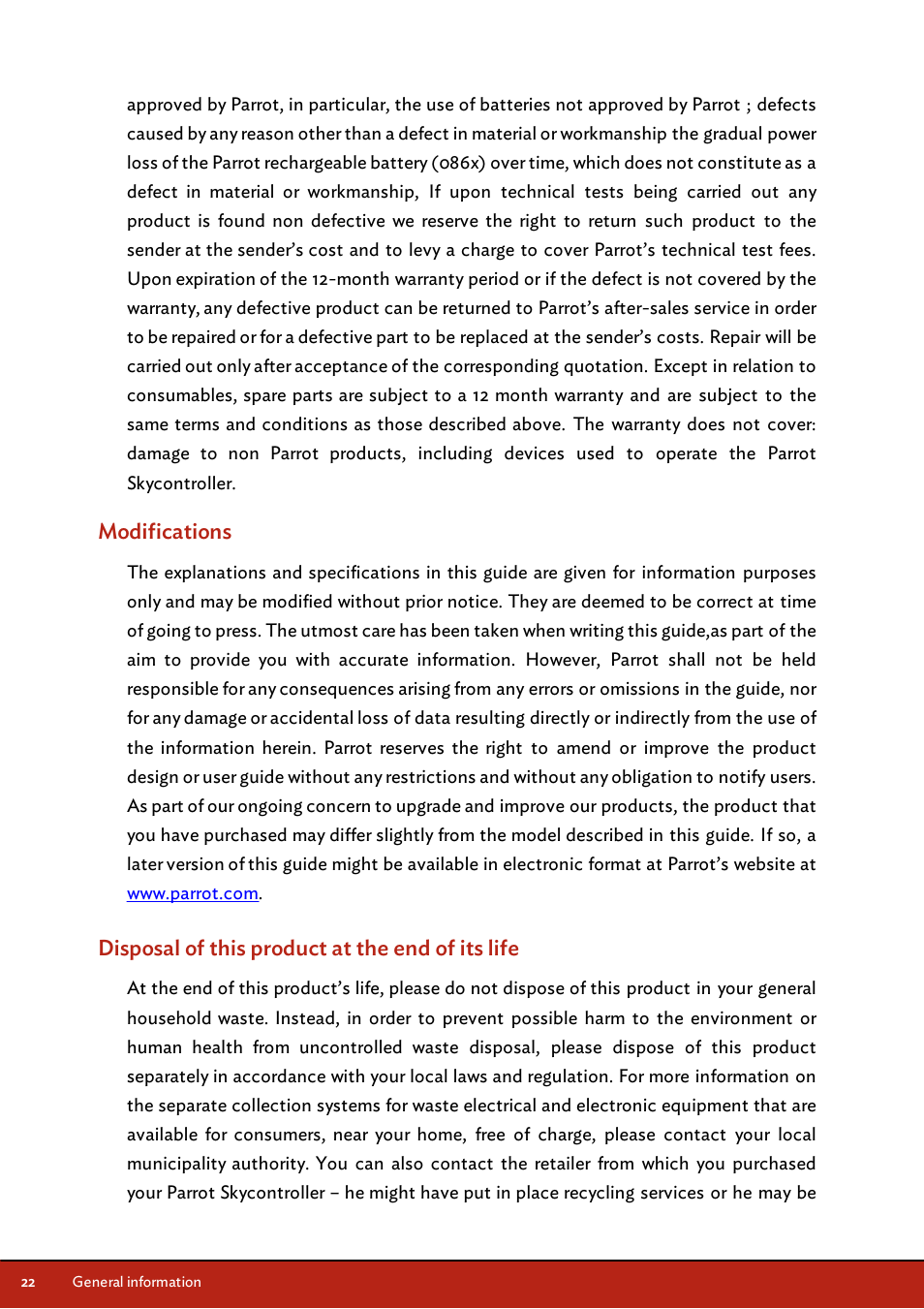 Modifications, Disposal of this product at the end of its life | Parrot Skycontroller User Manual | Page 22 / 23