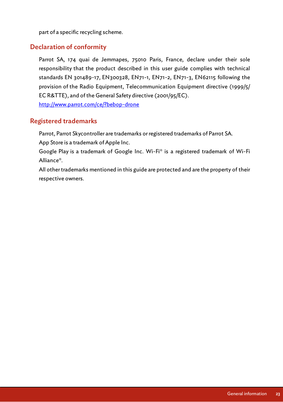 Declaration of conformity, Registered trademarks | Parrot Skycontroller User Manual | Page 23 / 23