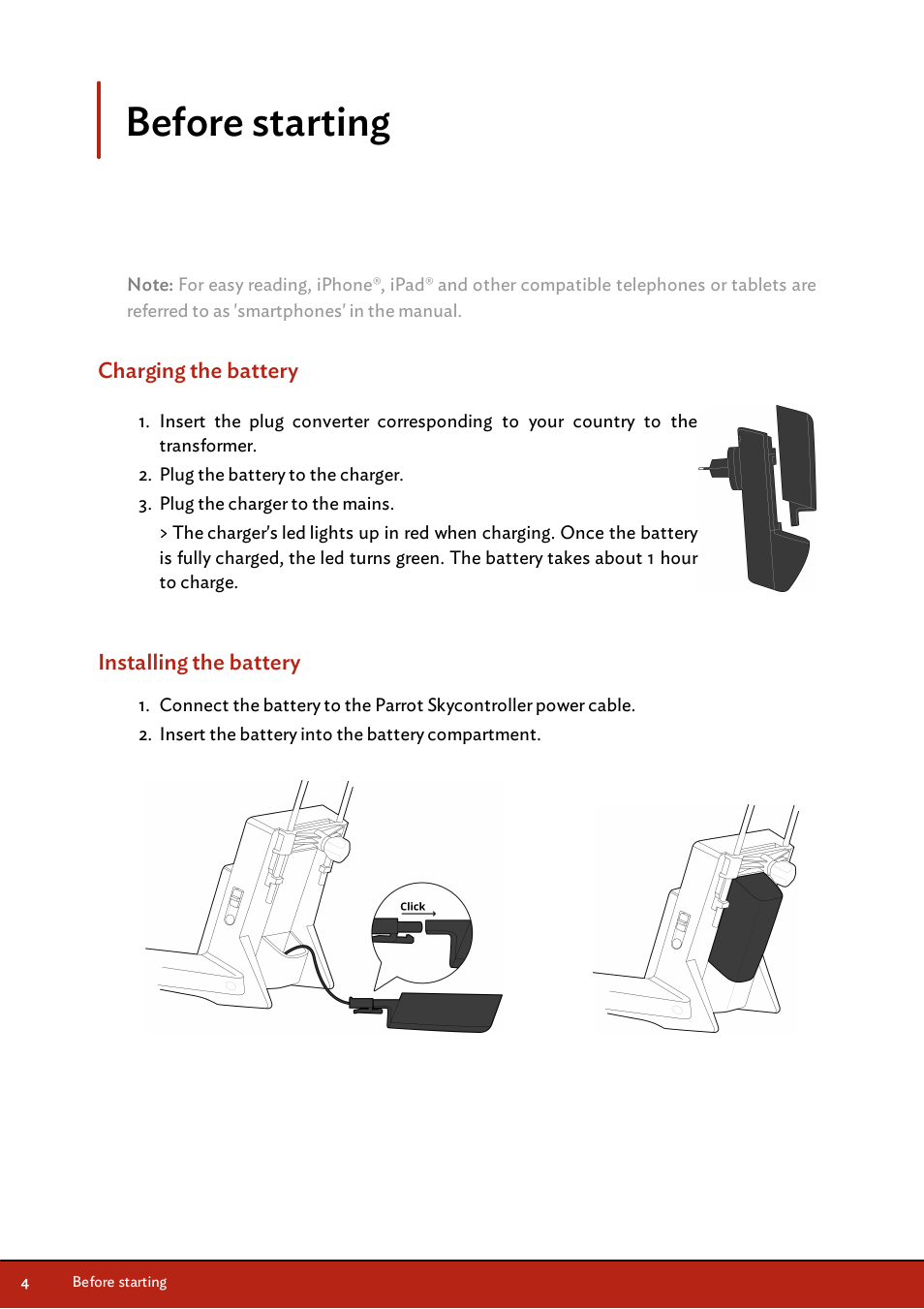 Before starting, Charging the battery, Installing the battery | Parrot Skycontroller User Manual | Page 4 / 23