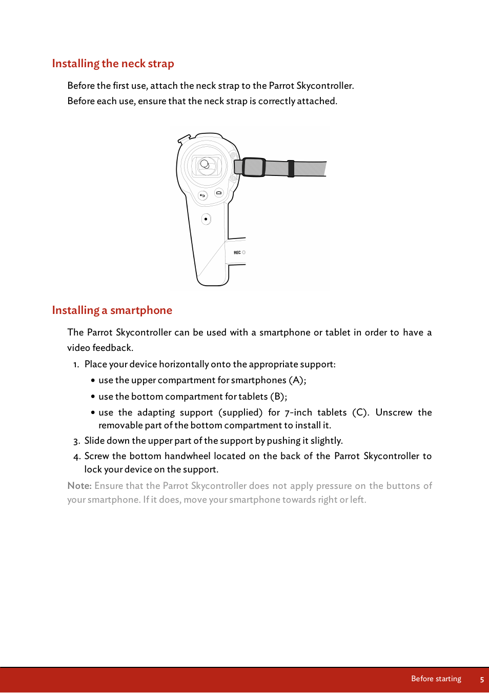 Installing the neck strap, Installing a smartphone | Parrot Skycontroller User Manual | Page 5 / 23