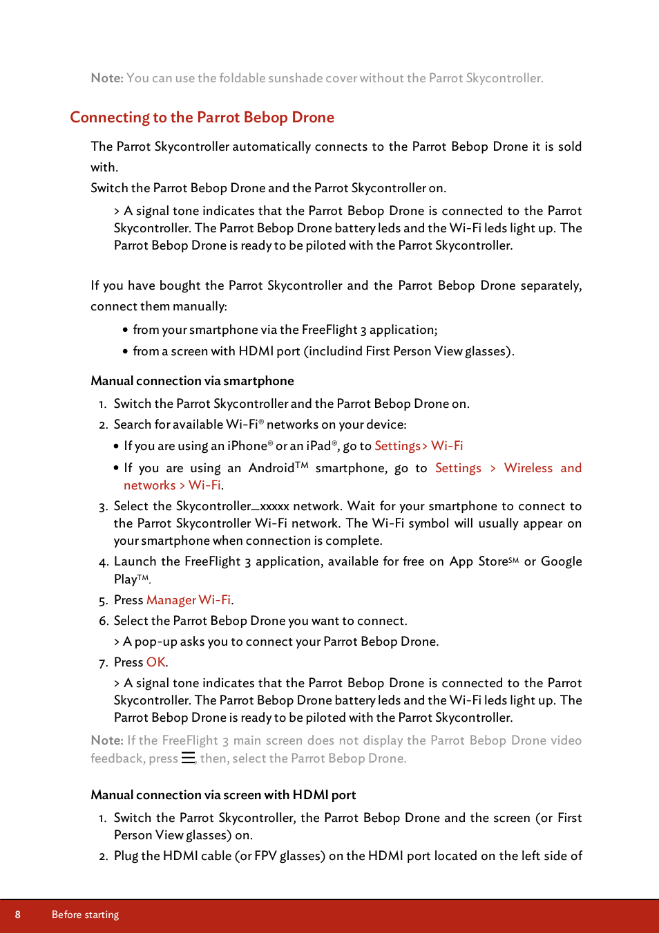 Connecting to the parrot bebop drone, Manual connection via smartphone, Manual connection via screen with hdmi port | Parrot Skycontroller User Manual | Page 8 / 23