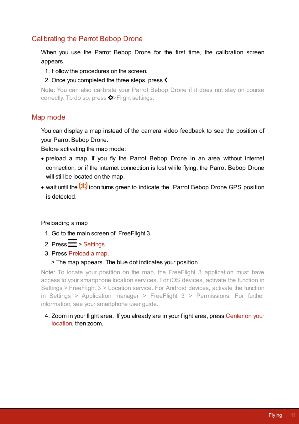 Calibrating the parrot bebop drone, Map mode, Preloading a map | Flying > calibrating, The parrot bebop drone | Parrot Bebop Drone User Manual | Page 11 / 33
