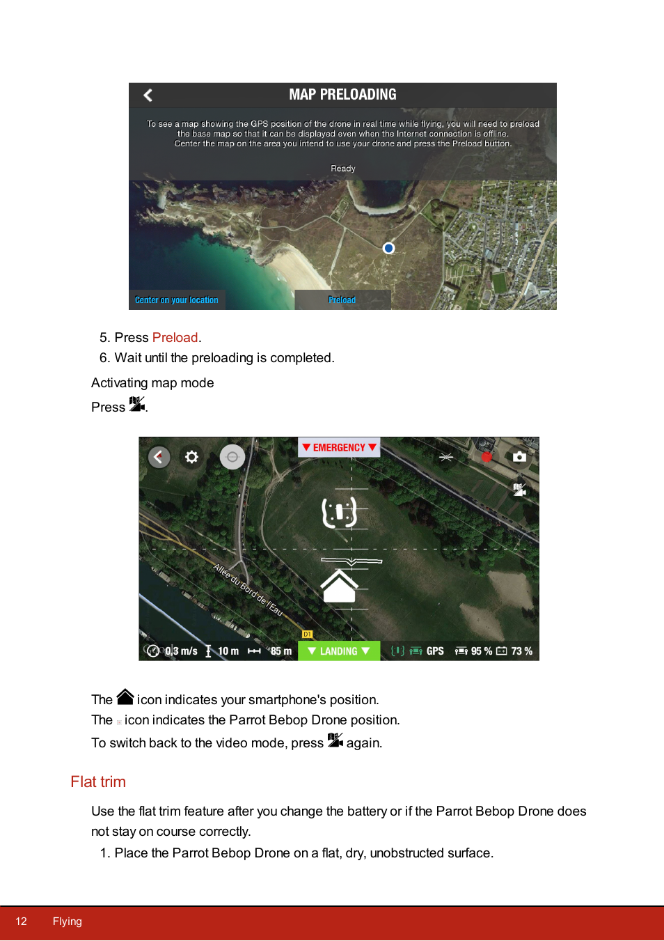 Activating map mode, Flat trim | Parrot Bebop Drone User Manual | Page 12 / 33