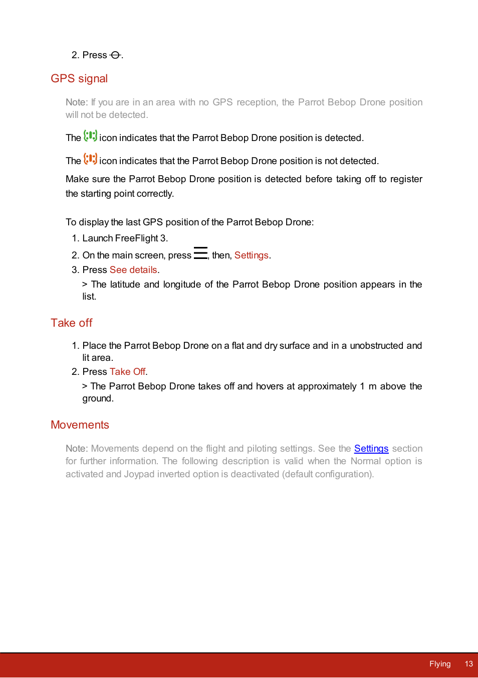 Gps signal, Take off, Movements | Left joystick, Right joystick | Parrot Bebop Drone User Manual | Page 13 / 33