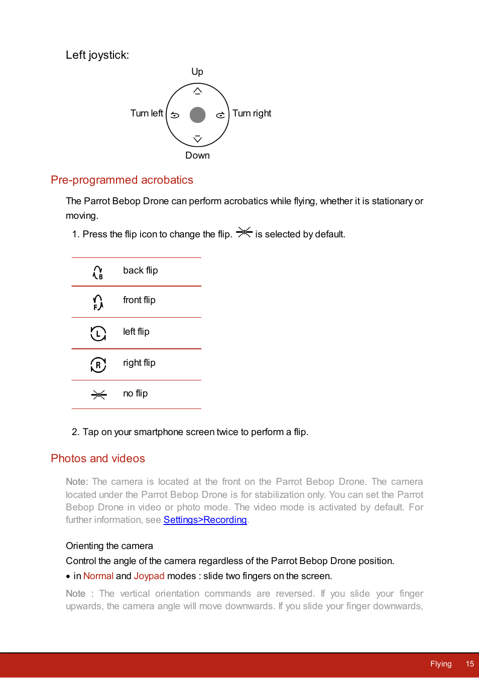 Pre-programmed acrobatics, Photos and videos, Orienting the camera | Parrot Bebop Drone User Manual | Page 15 / 33