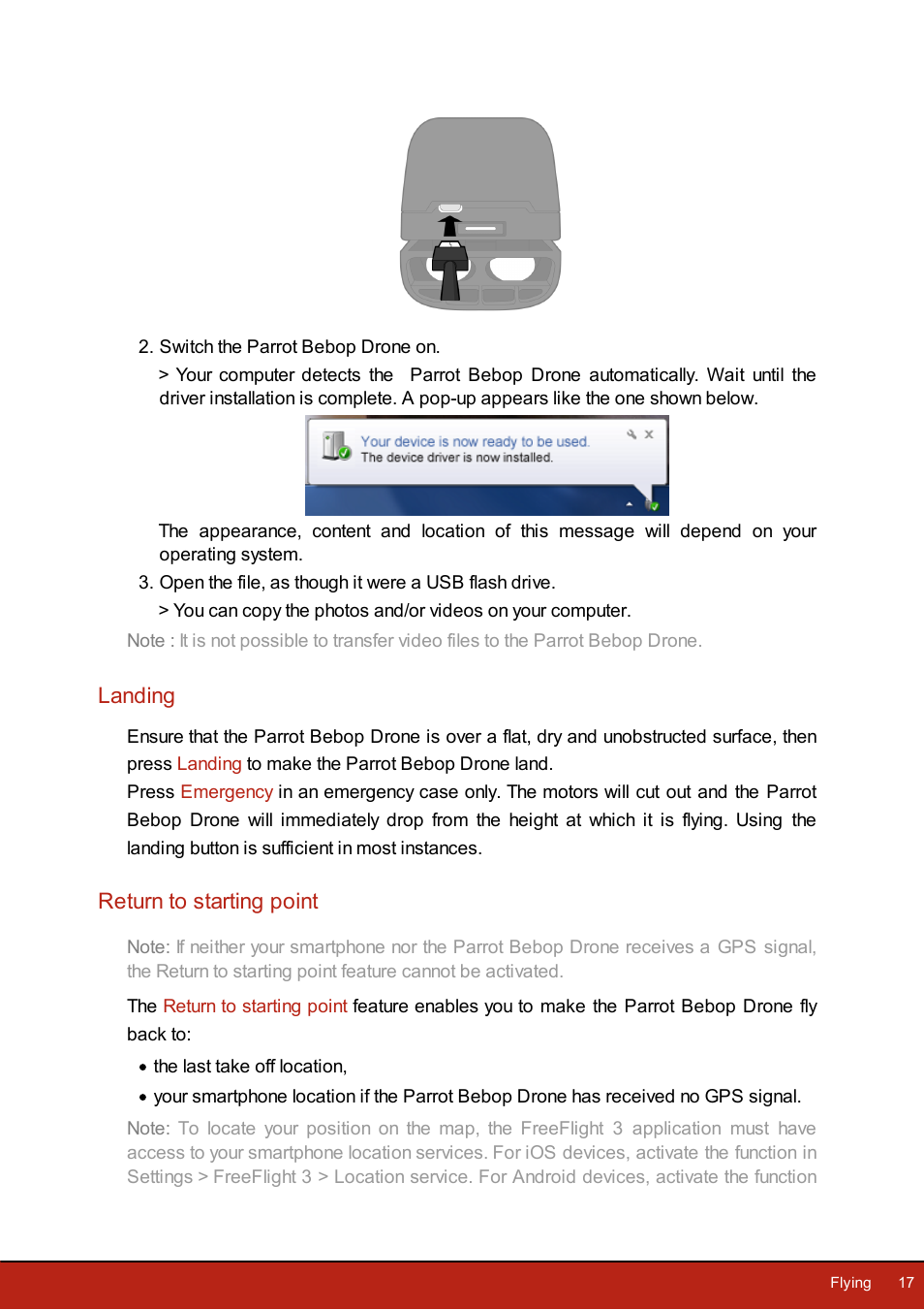 Landing, Return to starting point, Emergency landing | Parrot Bebop Drone User Manual | Page 17 / 33