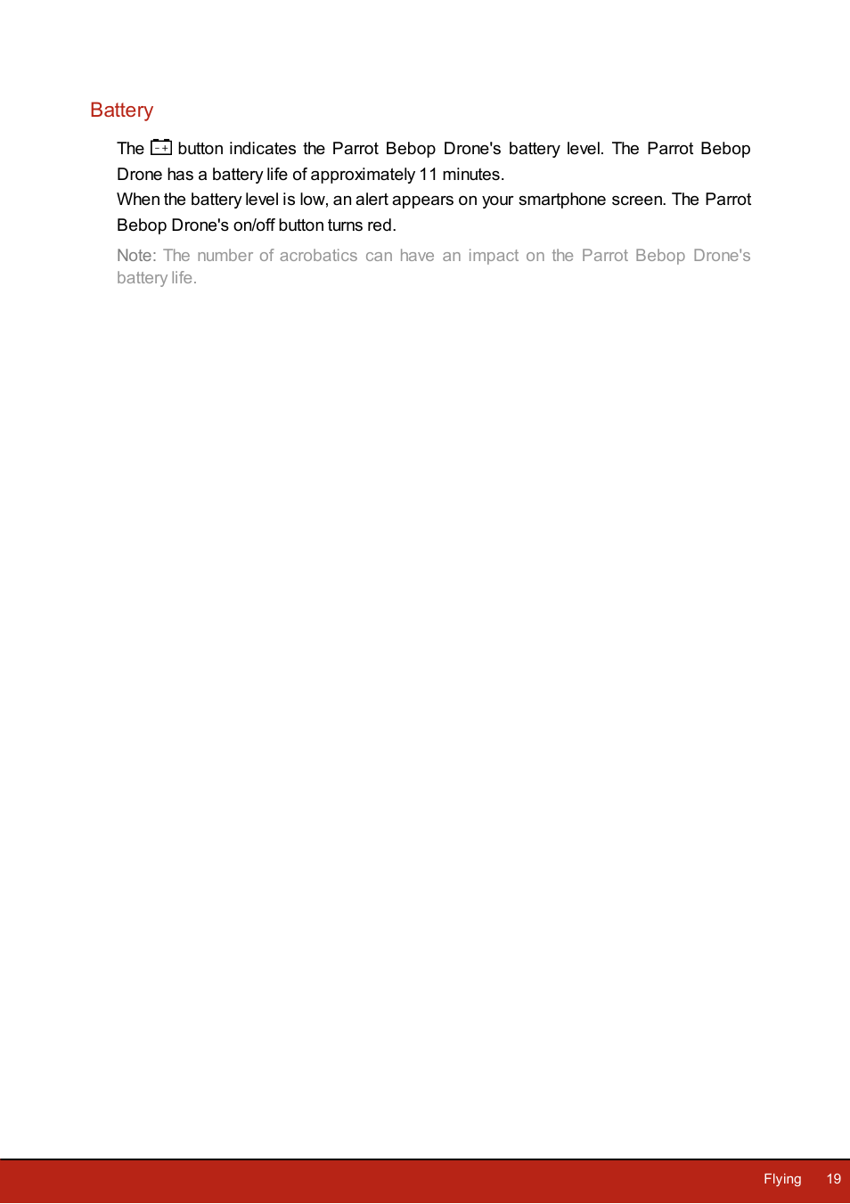 Battery, Battery level | Parrot Bebop Drone User Manual | Page 19 / 33