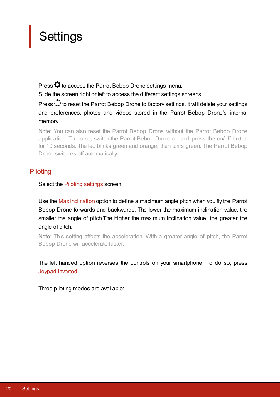 Settings, Piloting | Parrot Bebop Drone User Manual | Page 20 / 33