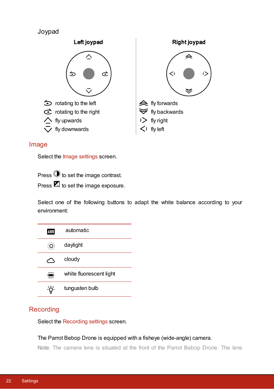 Image, Recording, Settings>recording | Parrot Bebop Drone User Manual | Page 22 / 33