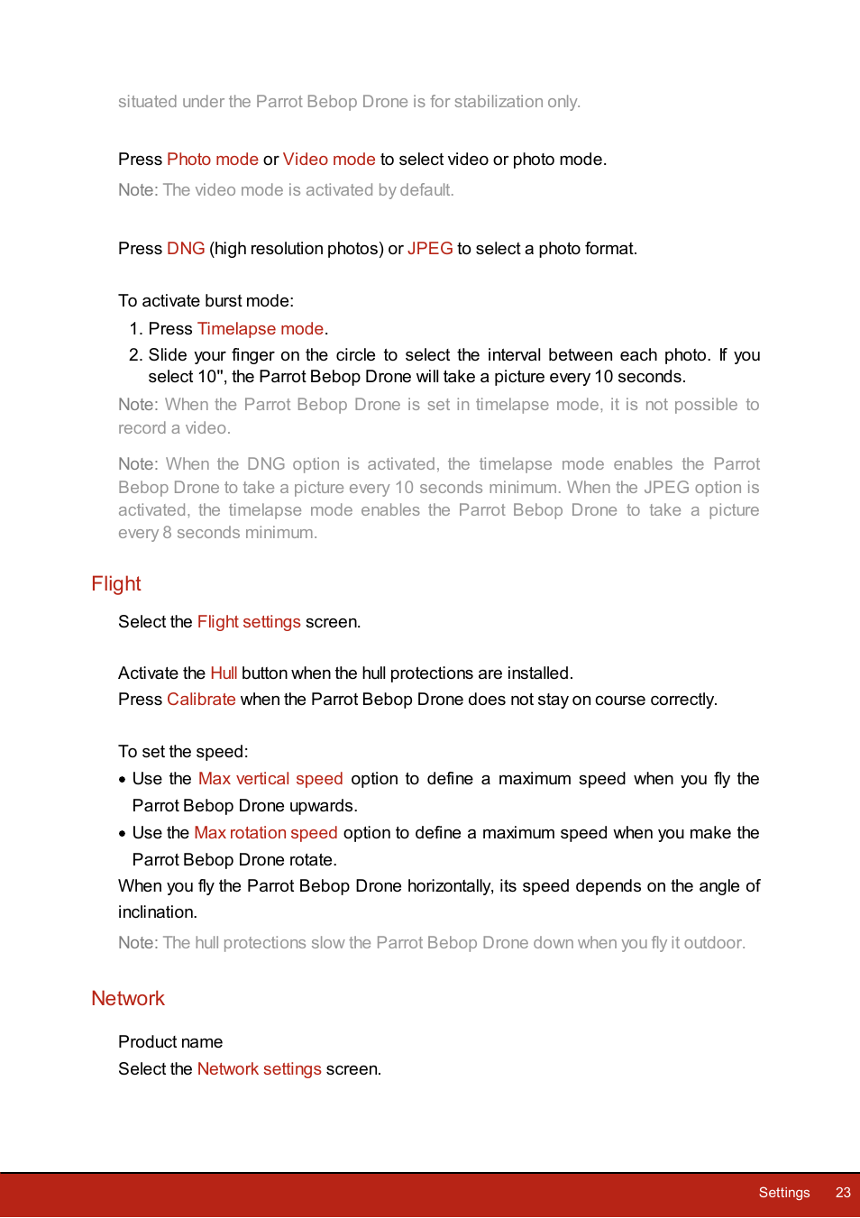 Flight, Network, Product name | Settings > wi-fi, Settings>piloting | Parrot Bebop Drone User Manual | Page 23 / 33