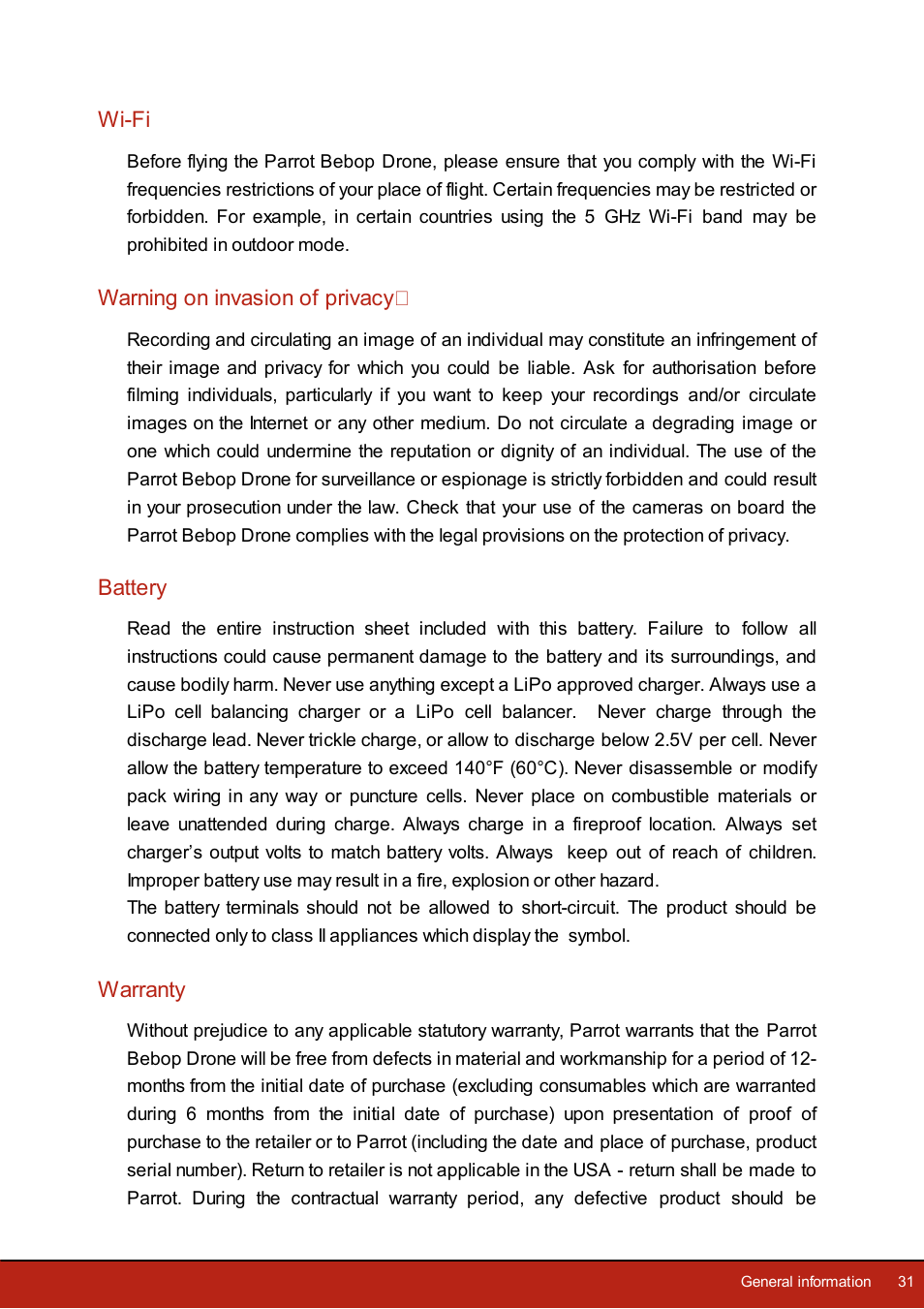 Wi-fi, Warning on invasion of privacy, Battery | Warranty | Parrot Bebop Drone User Manual | Page 31 / 33