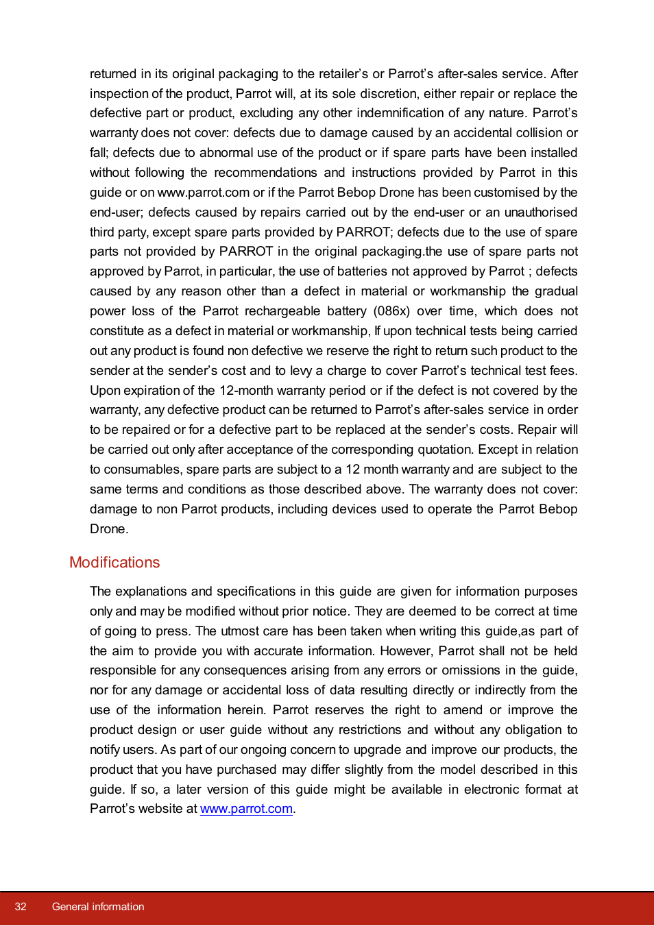 Modifications | Parrot Bebop Drone User Manual | Page 32 / 33