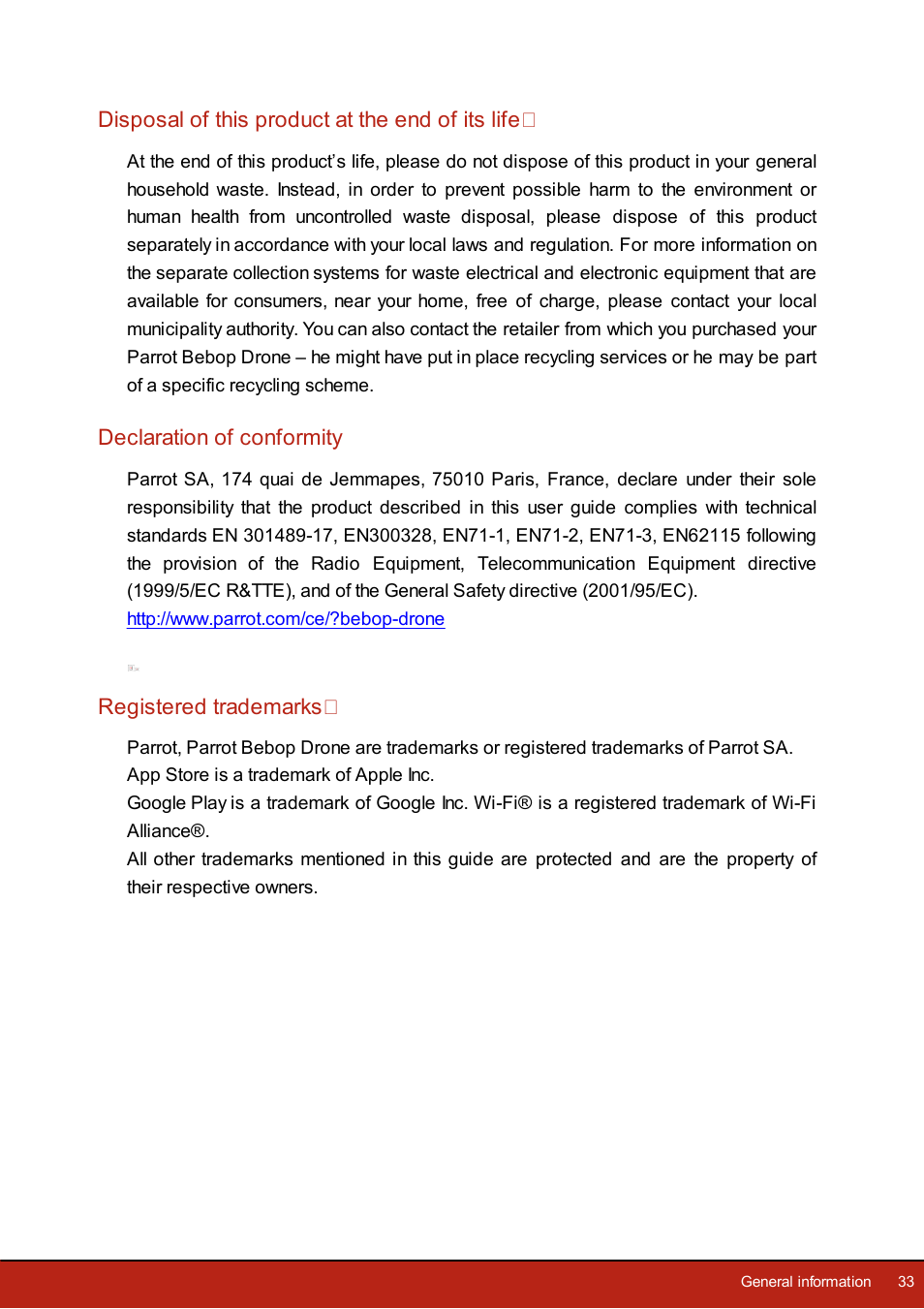 Disposal of this product at the end of its life, Declaration of conformity, Registered trademarks | Parrot Bebop Drone User Manual | Page 33 / 33