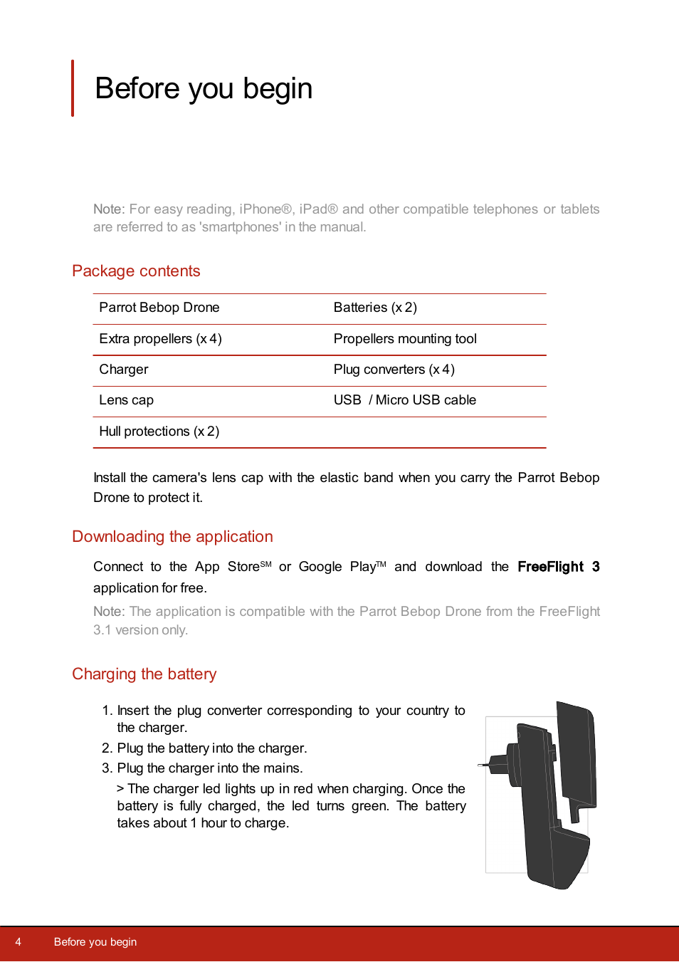 English, Before you begin, Package contents | Downloading the application, Charging the battery | Parrot Bebop Drone User Manual | Page 4 / 33