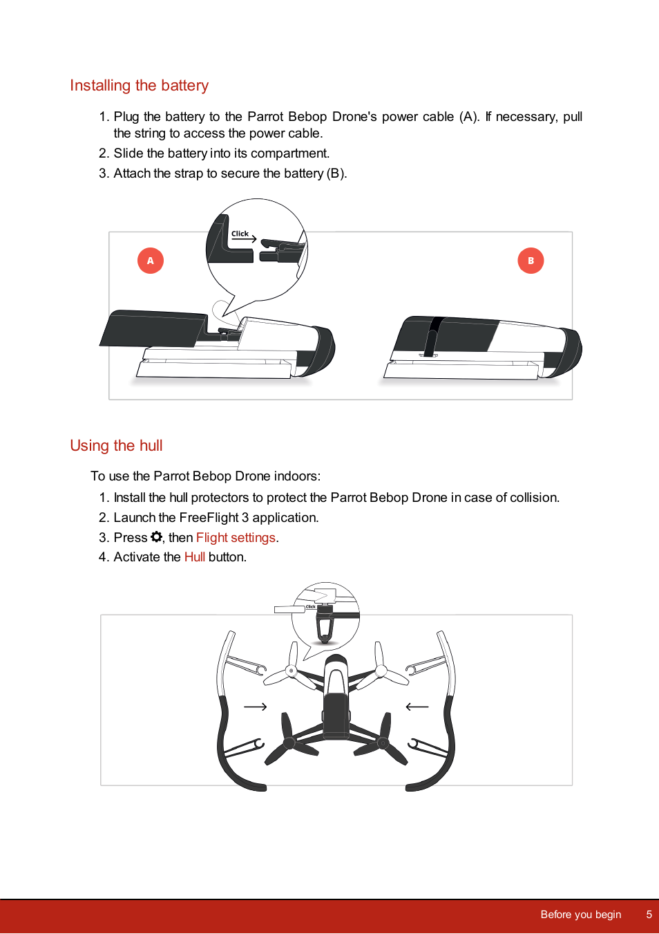 Installing the battery, Using the hull | Parrot Bebop Drone User Manual | Page 5 / 33