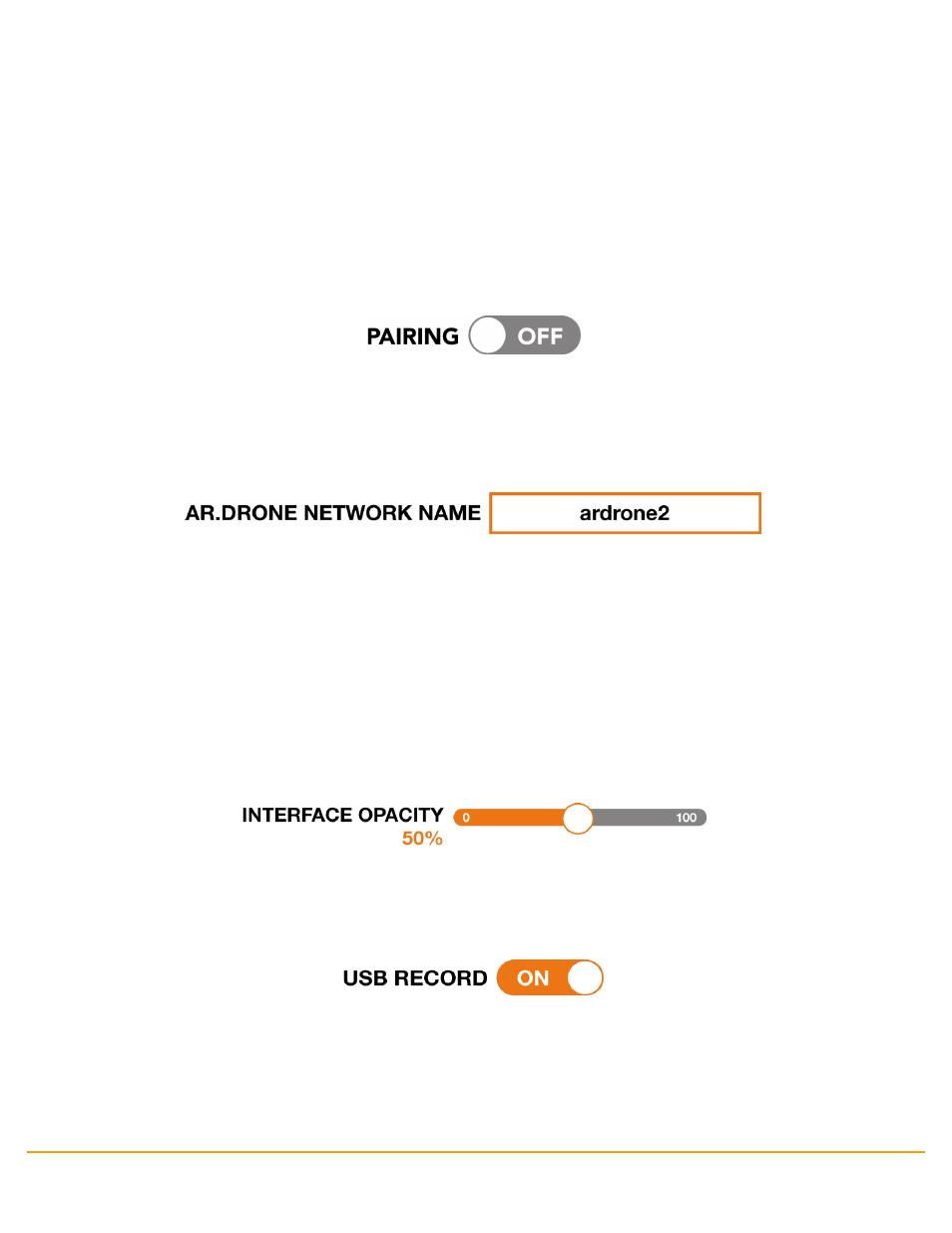 Pairing, Network name, Interface opacity | Usb recording | Parrot AR. Drone 2.0 User Manual | Page 26 / 39
